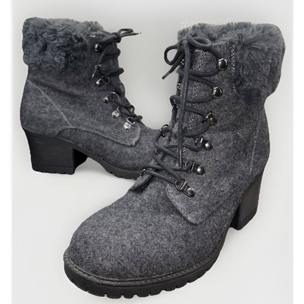 Chunky Heel Y2K Ankle Boot Women Size 10M Gray Fabric Faux Fur Collar Lace Up
